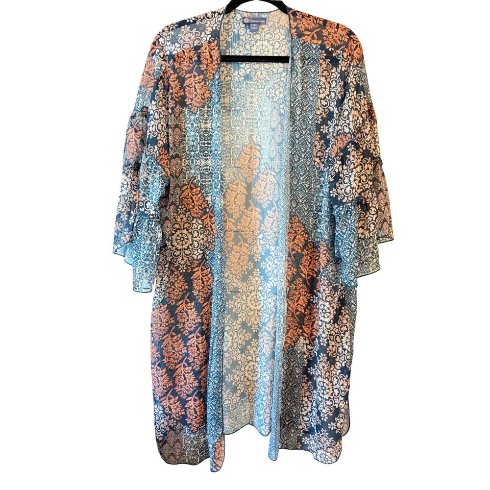 Democracy Womens Blue Orange Floral Damask Print‎ Sheer Kimono Cardigan L/XL